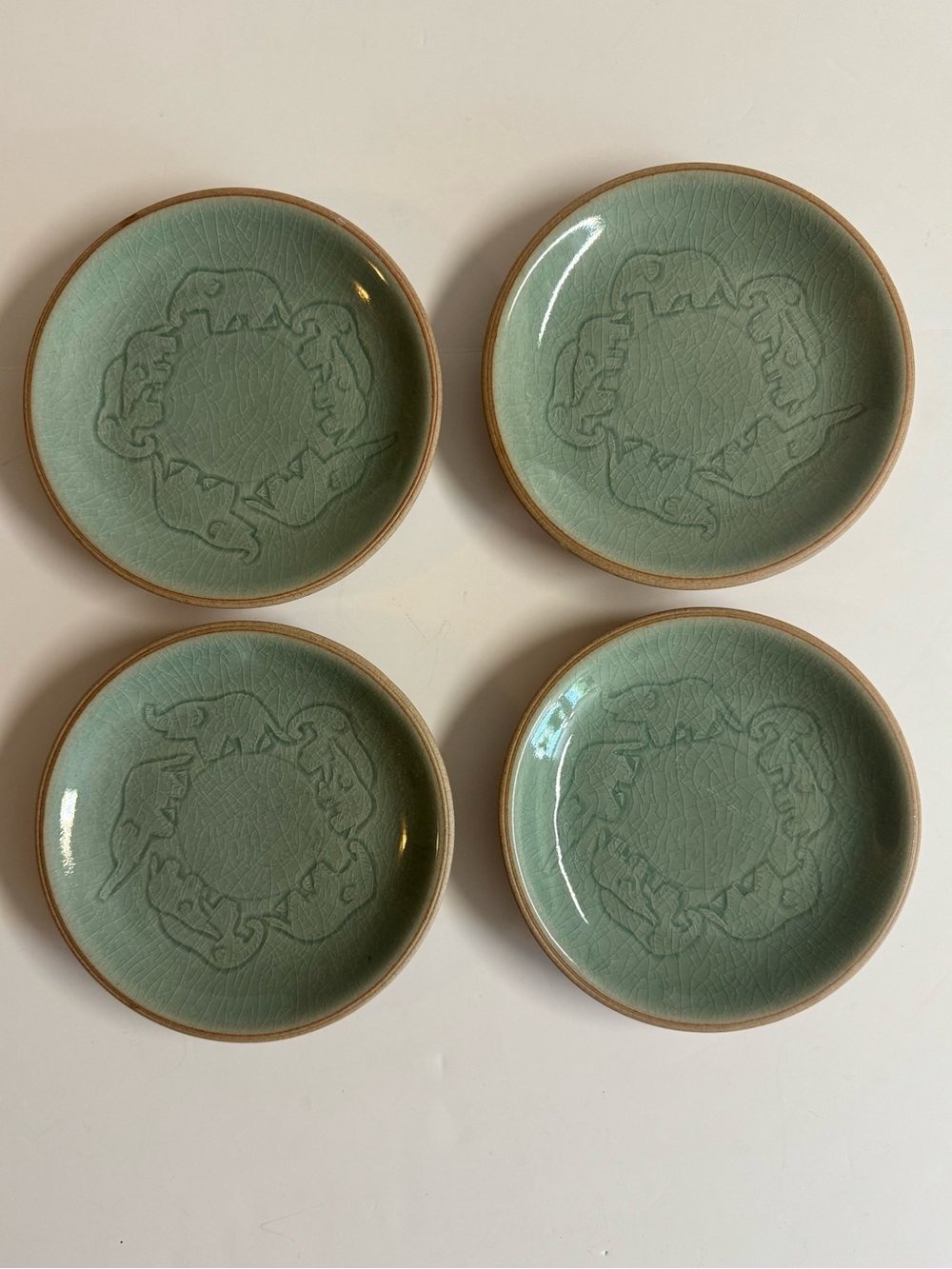4 Vintage Siam Celadon Wood Ash Green Ceramic Elephant Dessert Plates Handmade